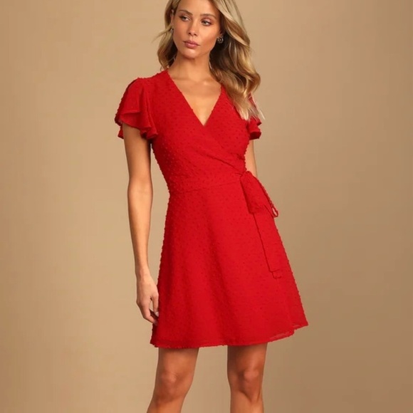 Lulus Much to Celebrate Swiss Dot Flutter Sleeve Wrap Mini Dress Sz Medium Red - Picture 1 of 12